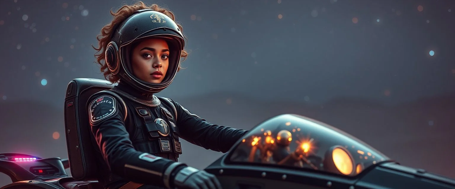portrait, space race on mega vehicle, From the shadows, they rise, with a spark in their eyes, Ethereal echoes of a world we once knew, With the glam and the glamor, we reach for the skies, Cosmic rhythms pull us through, [Chorus] Suti came for our world, with the power to ignite, Dancing through the stars, we find our light. helmet full of hair