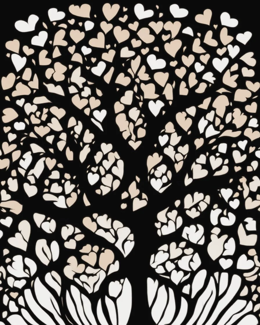 The tree is a heart that represents grace and beauty. Intense black background. Negative space, illustration, vibrant.