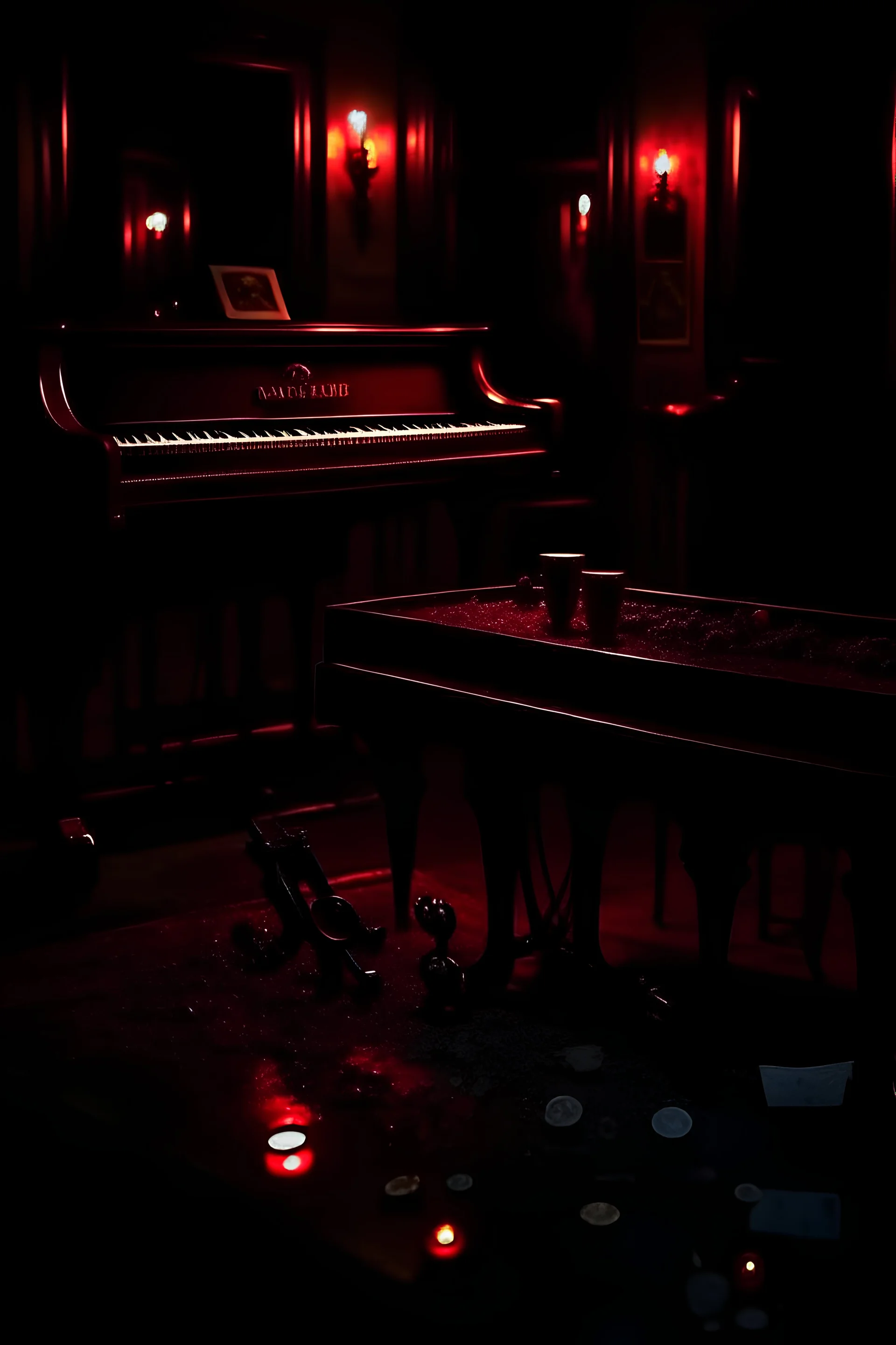 evening ballroom. some documents on the piano. some shattered wine glasses, traces of blood on floor, a gun lies abandoned on the floor, indicating the intensity of the conflict.