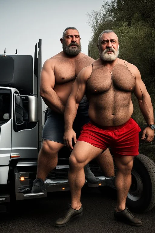 photography of two burly chubby strong turkish truck drivers 48 years old, shirtless with boxer ,bulge, manly chest, muscular, long beard, at midnight , sitting outside near his truck, open legs, dim lights, ambient occlusion, side light , photorealistic, view from the ground