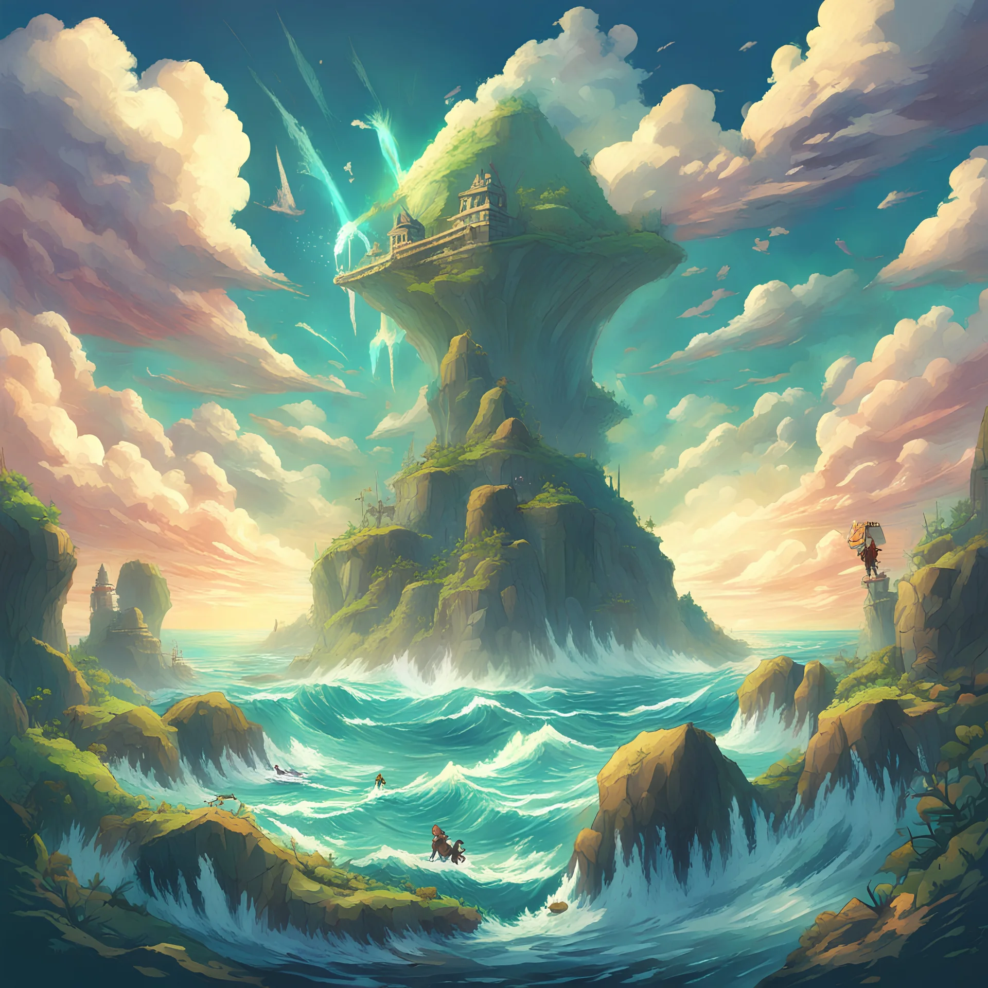 A land rising from the ocean being created magical and untamed, in zelda art style