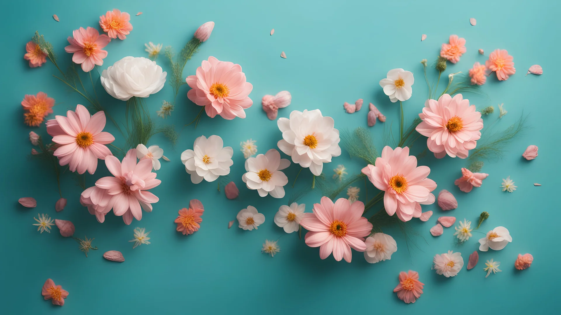 Beautiful spring flowers flying in the air, against teal background; Creative spring floral layout. Minimal birthday, valentines or wedding concept.