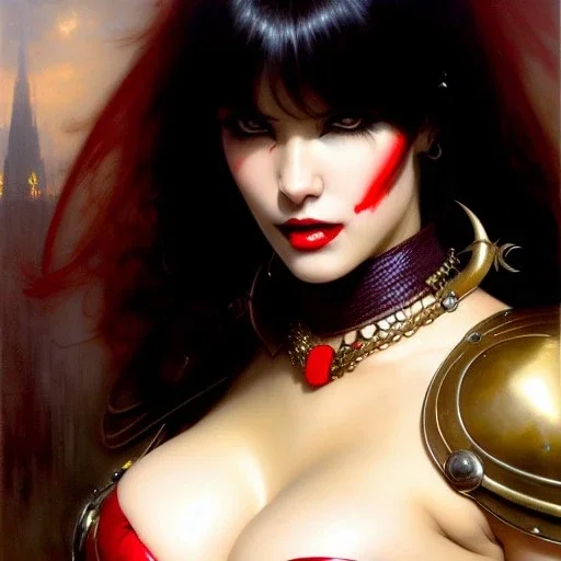 portrait beautiful face Vampirella ,busty,medieval metal armor balanciaga fashion clothe painting by gaston bussiere, greg rutkowski, yoji shinkawa, yoshitaka amano, tsutomu nihei, donato giancola, tim hildebrandt, oil on canvas, cinematic composition, extreme detail,fit full head inside picture