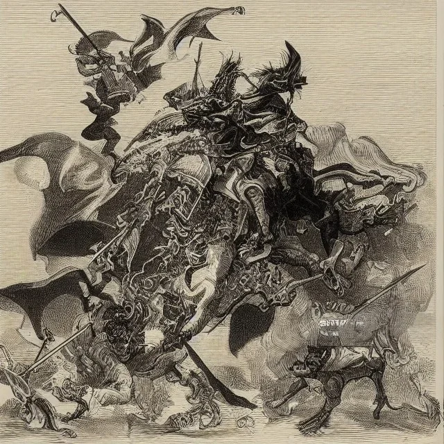 clip art , black and white , knight on the horse charging a dragon with lancet