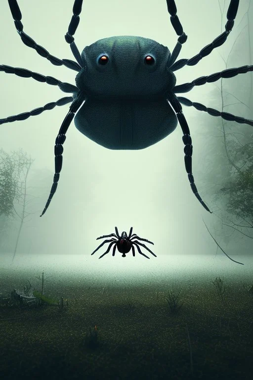 tent with a huge spider inside,lake, fog, 8k, trending art, depth of field