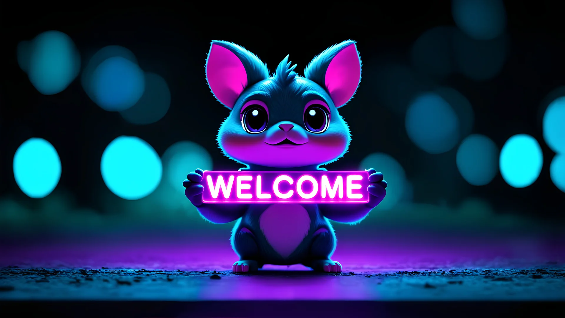 a cute magical creature holding a purple neon light strip that says "Welcome", cinematic, dark colors, purple and teal lighting, beautiful scenery in the background, bokeh, Unreal Engine, expressive, artsy