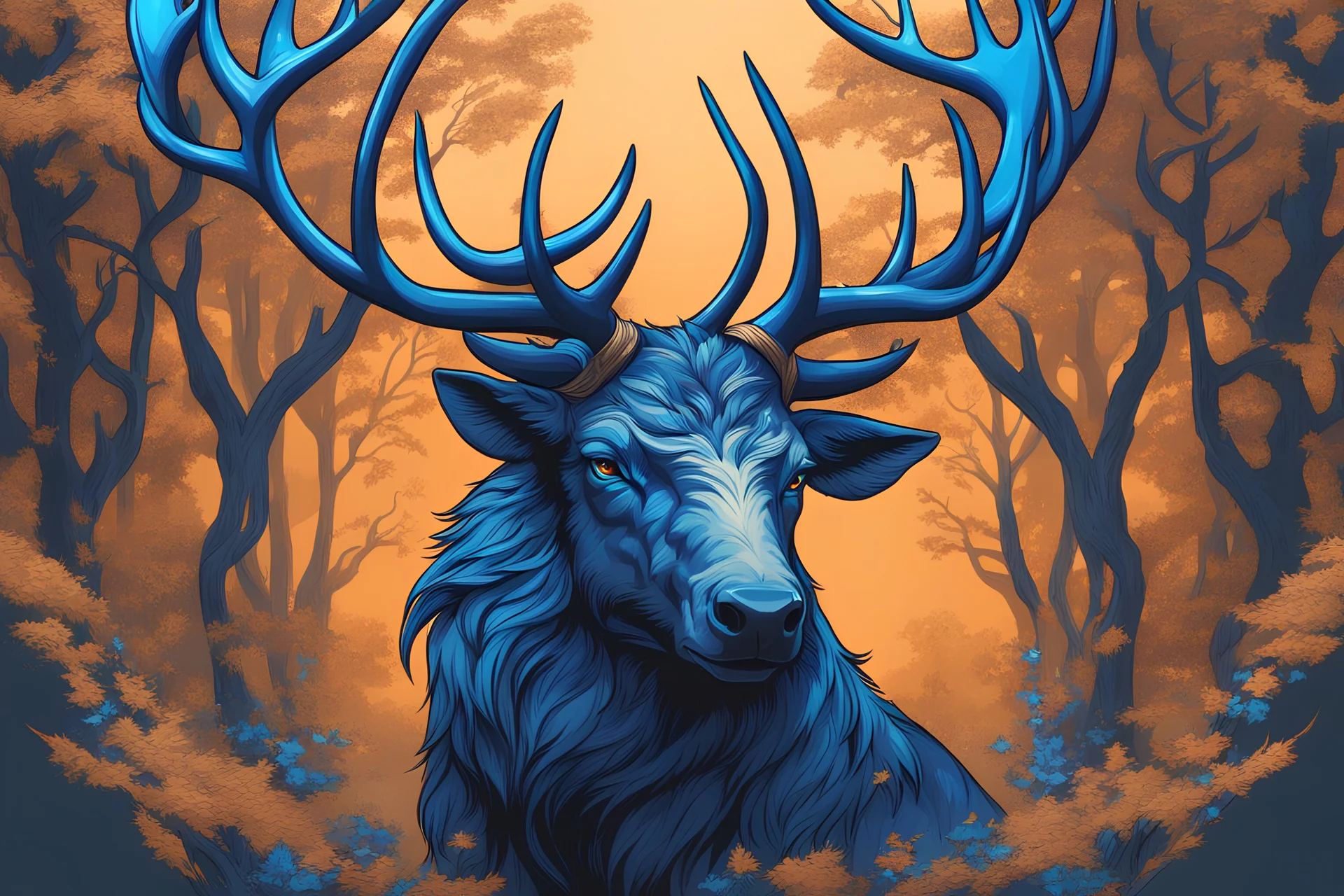 Beast Shadow in realistic anime drawing style, Elk, blue neon crystal antlers, human model, close picture, fantasy forest, intricate details, highly detailed, high details, detailed portrait, masterpiece,ultra detailed, ultra quality, blue eyes