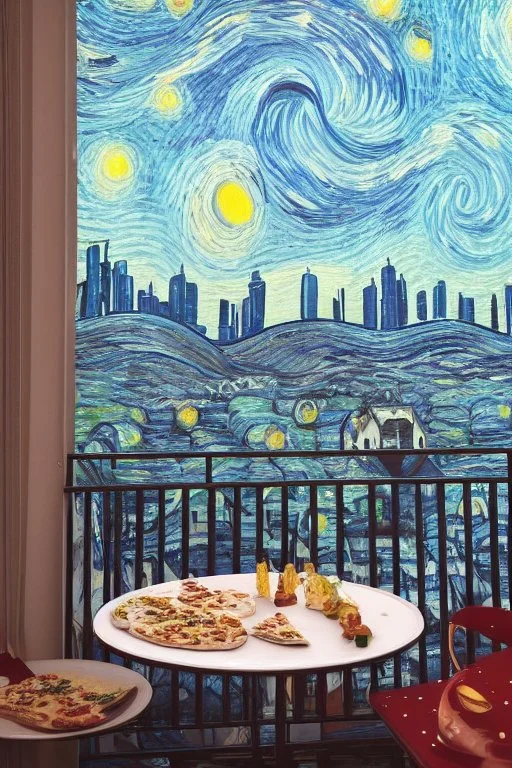 It's a starry night, with a luminous crescent moon, and from the balcony of an elegant luxury apartment, a view of a city with a hill and a river, lights in the windows of the houses. On the balcony, a dining table with a tray with a bird pattern, pizza and wine in starlight