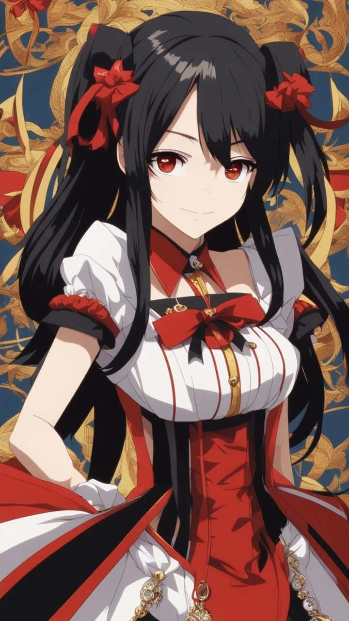 Tokisaki Kurumi appears to be elegant and has very polite manners, ivory skin and long, evil smile, crazy smile, black hair usually tied in long twin tails, deferent Eyes colors, right eye is red-tinted color, left eye appears as a golden color, inorganic clock face, a girl with astonishing beauty, wearing her astral black and red dress 'Elohim', left golden eye, intricate details, highly detailed, date a live anime art style