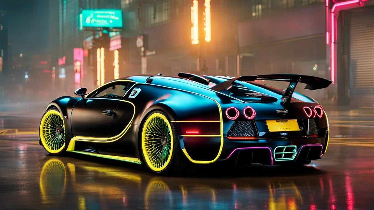 Bugatti Veyron Mansory Cyberpunk 2077 neon Style, Super Detailed, desktop wallpaper, 4K rear view, center