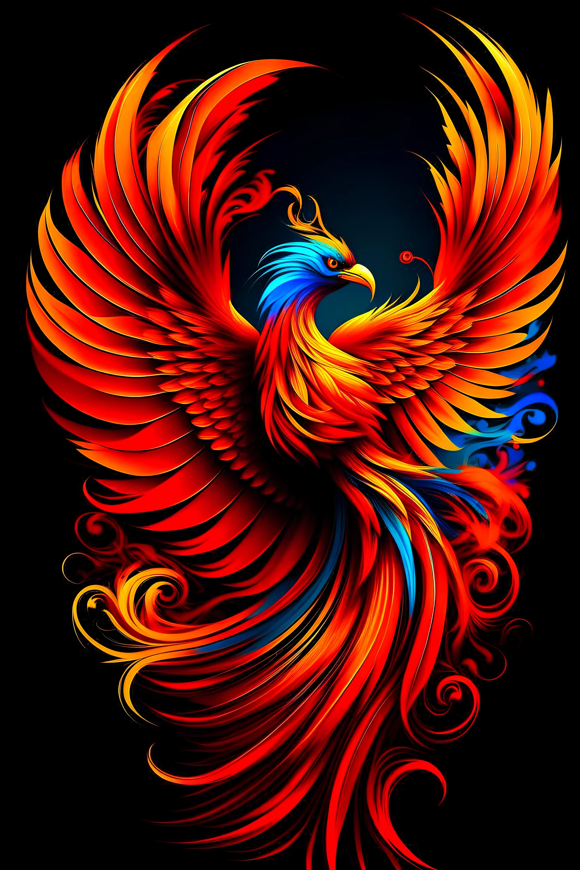 portrait of the phoenix bird which symbolizes valor, renewal and consists of the colors red, orange and purple