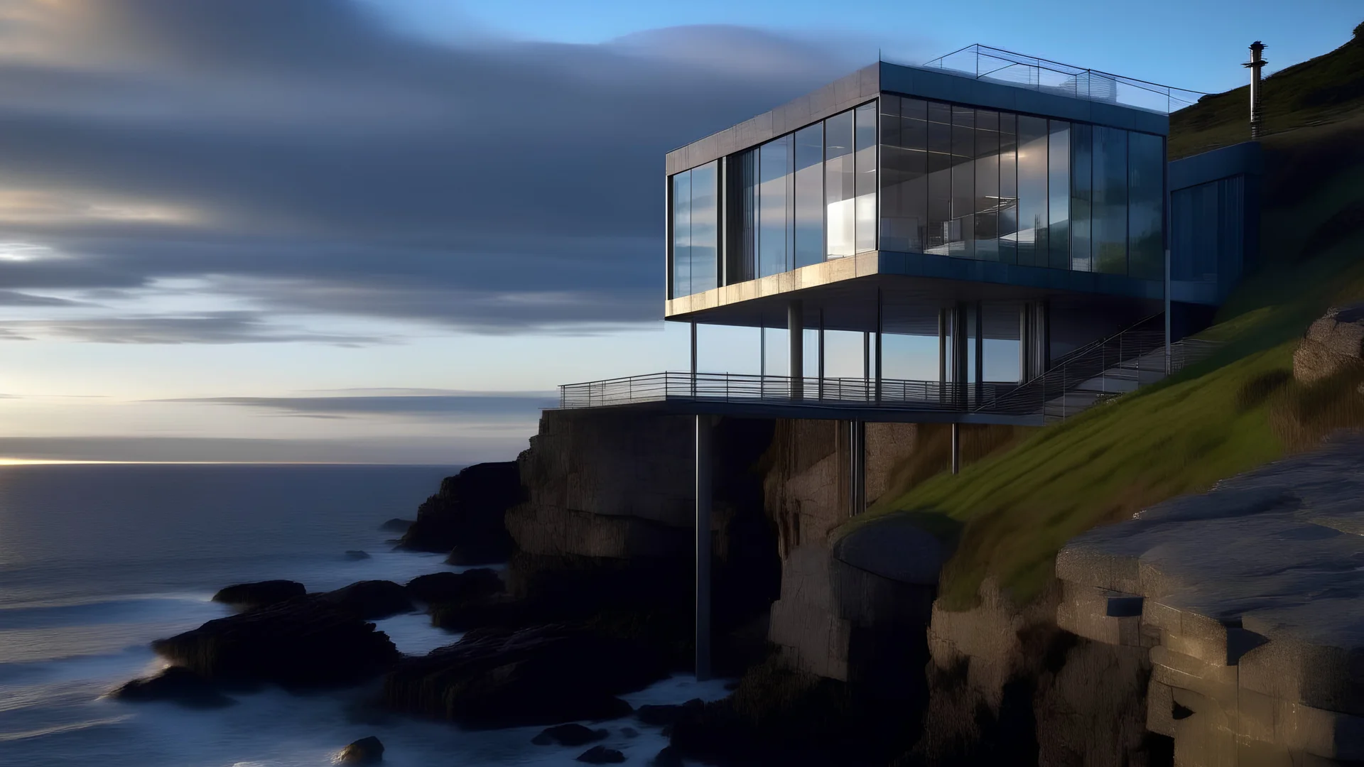 A modern glass and steel home perched on top of a rocky cliff overlooking the ocean at dusk