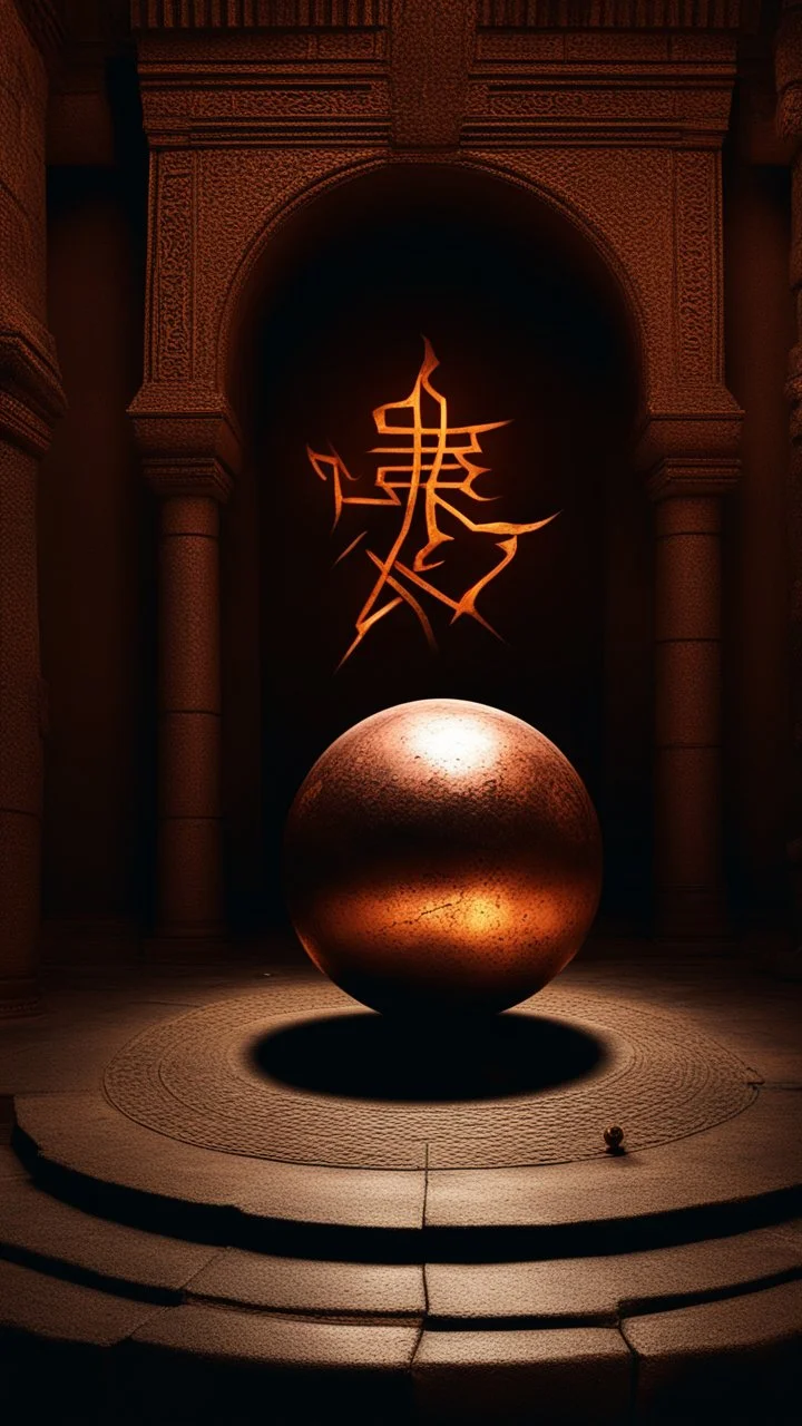 Create an image of old copper sphere with strange runes in side a temple with dim light of fire torch on the wall in the background