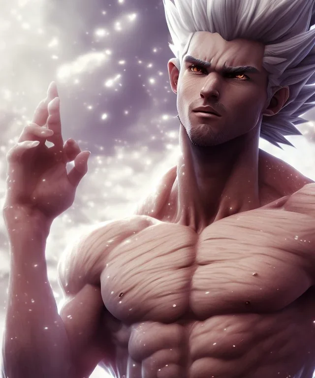 Goku avatar style, white hair, fighting pose, muscular body, shirtless, volumetric details, hyper realism, unreal engine 5