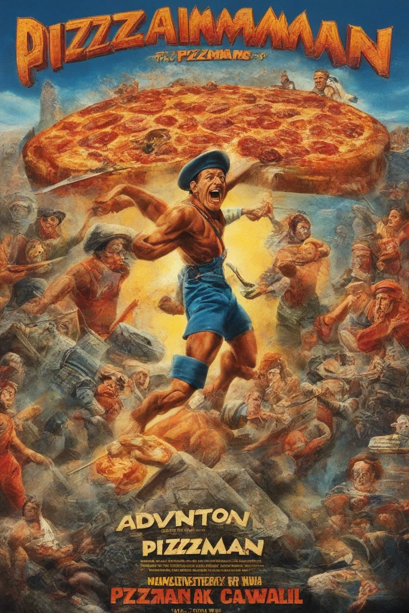 Create a movie poster for the 1939 movie "The Adventures of Pizzaman," Starring Hank Cavall, 4k, 8k, 16k, 32k, 100k UHD, Ultra-high resolution, photorealistic, 1080p, 4k, 8k, 16k, 32k, 100k UHD, Ultra-high resolution, photorealistic, 1080p, (matte skin:1.5), (extremely detailed face:1.5), (realistic human hair:1.5), (intelligent eyes:1.5), masterpiece, octane render, (long shot environmental portrait:1.8) photography, (ultra sharp focus:1.6), (ultra deep depth of field:1.5),