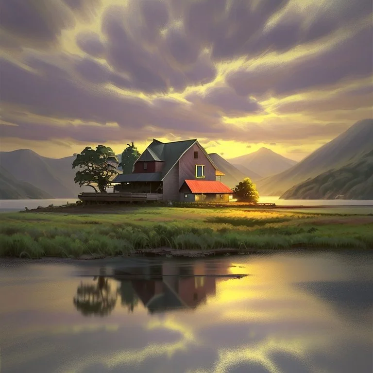 An exquisite oil painting capturing a dreamlike paradise, with a charming little farmhouse nestled by a calm lake. The farmhouse, with its rustic appeal, contrasts against the serene water, surrounded by a lush, verdant forest and rolling hills. The background unfolds into a dramatic landscape, featuring towering mountains and a stunning sunset sky that casts warm, vibrant hues across the scene. The artist's mastery is evident in the seamless blend of traditional oil painting techniques with the