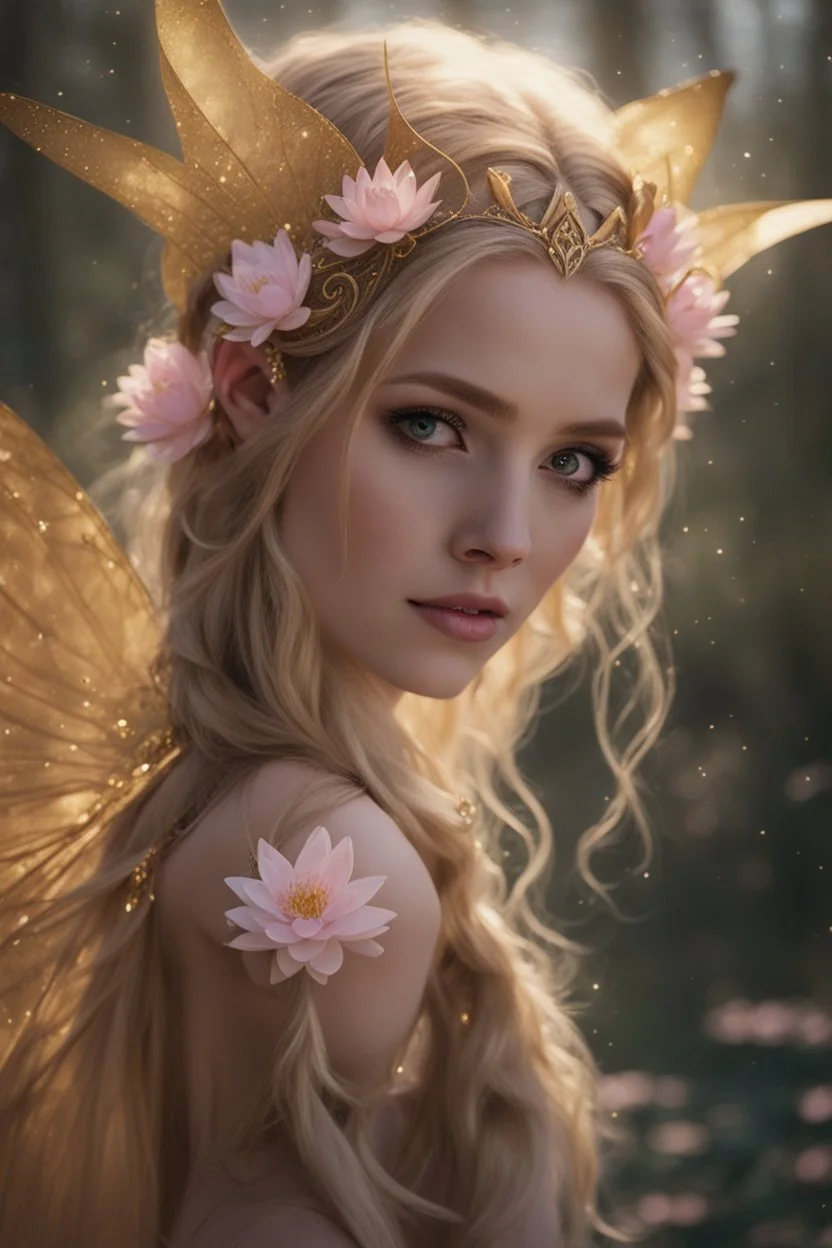 Pointed elven ears,Blonde hair ,Pink dress,Sparkling fairy wings,Very long golden hair,Fairy crown,pointed ears,elven ears,fairy wings,water lilies,sparkling,glittering,flowers,blossoms,golden crown,light pink dress