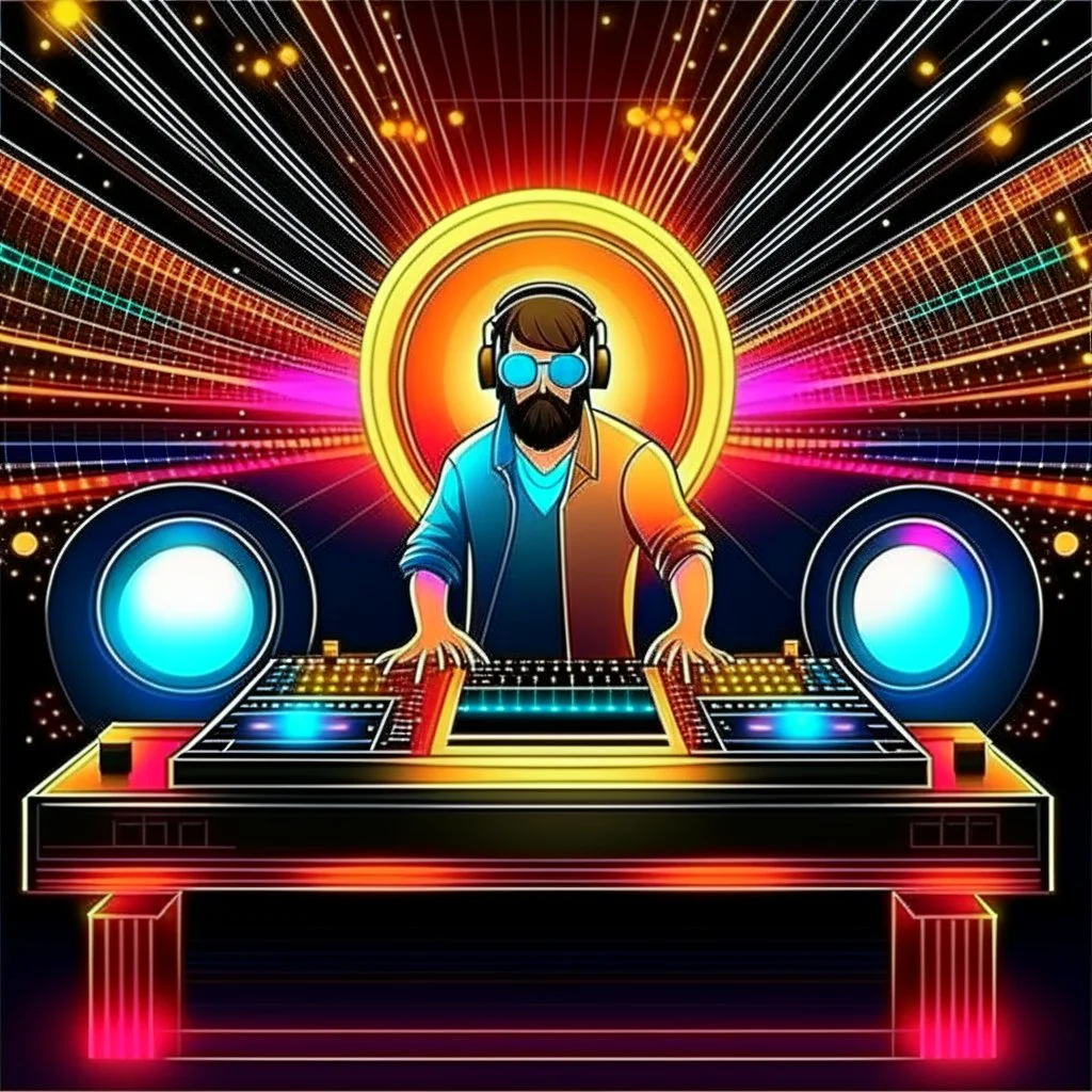 Dance hall ,dj play ,laser lights, disco ball, beard DJ play music with DJ desk