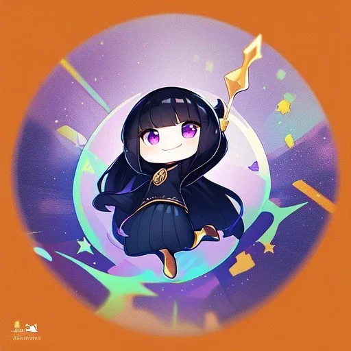 Clear focus,High resolution, Black long straight hair, and purple eyes, wearing a skirt,with stocking, with long boots on, Happy, Jumping, Half Chibi