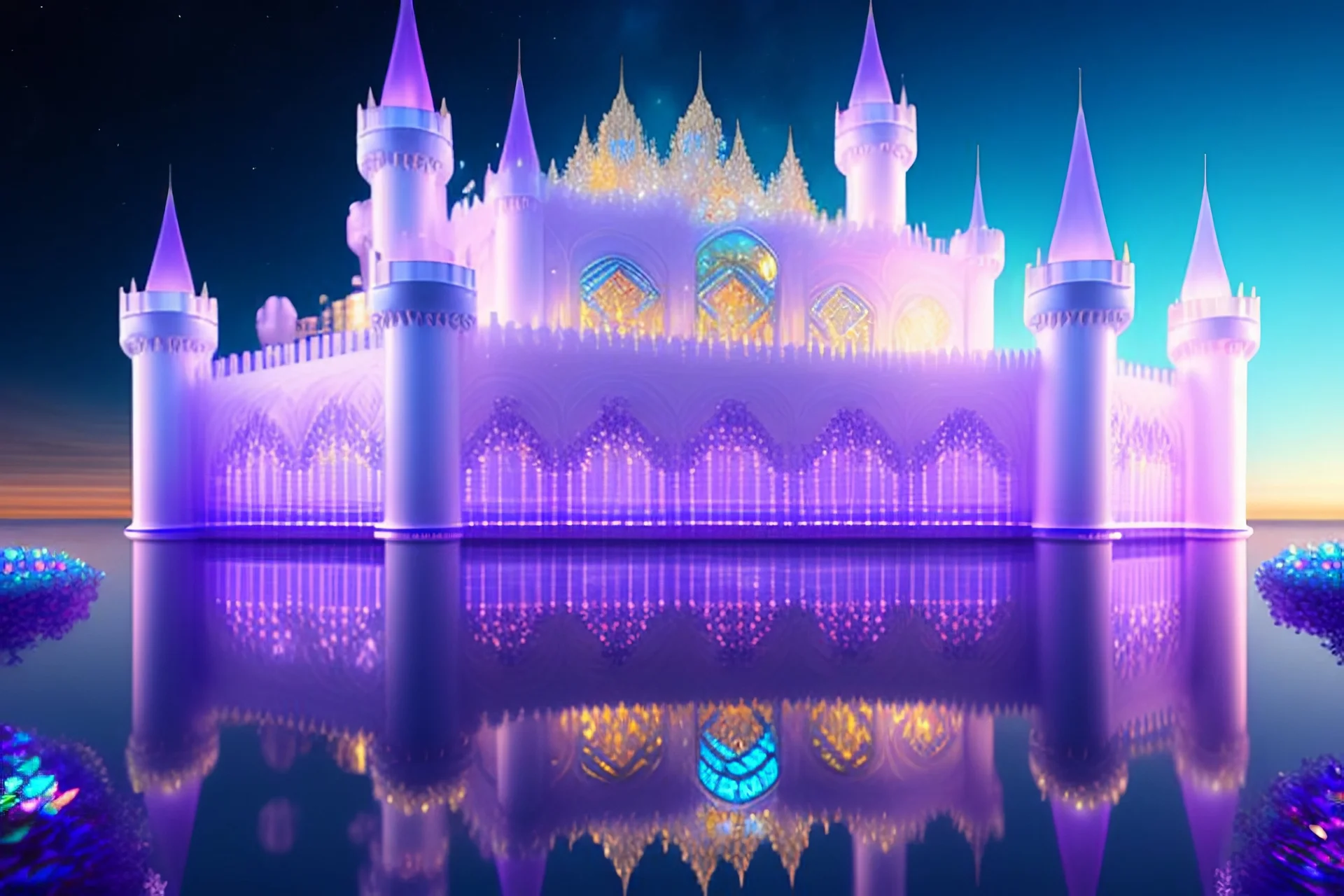 château en CRISTAL TRANSLUCIDES TRANSPARENTS beaucoup de DÉTAILS , tours de cristal vaisseaux blanc or, dans ciel cosmique galactique precision technique 9k TRES PRÉCIS HAUTE DEFINITION paysage fleuris FLEURS de TOUTES LES COULEURS cristaux châteaux , PORTAIL d'ENTRÉE , doré. HALL d'entrée FLEURI multicolores. FENÊTRRES VITRÉES , TRANSPARENTES collines, cité du FUTUR colorée rose - 14K