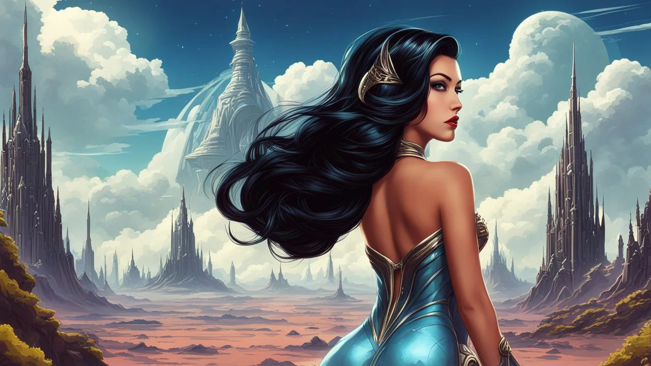 exotic sci-fi pin-up girl, with long dark hair, on an alien planet with cloud trees, tall spires and buildings