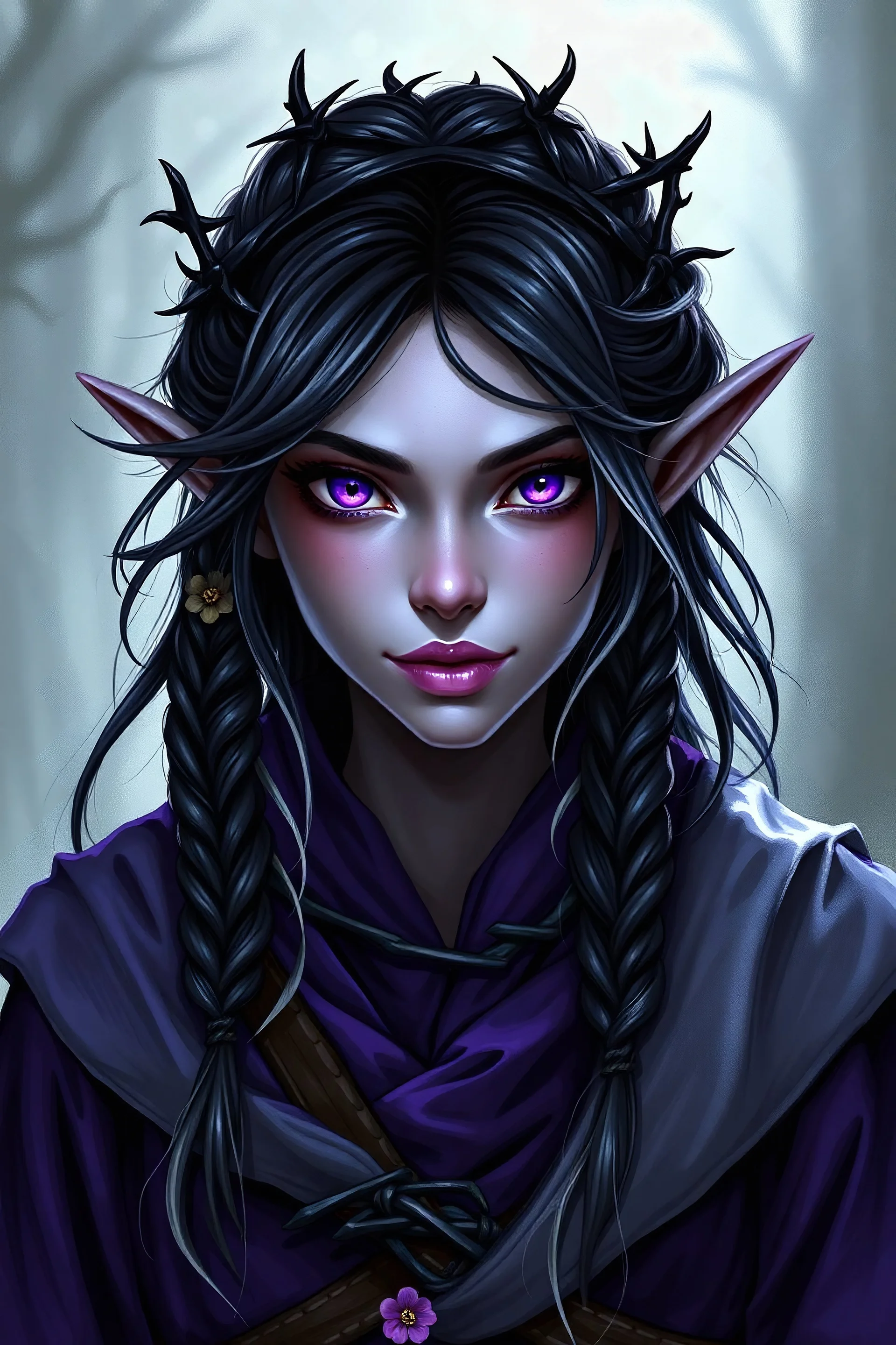 Generate a dungeons and dragons character portrait of the face of a female Shadar-Kai Warlock Elf. She is Feylost and flowers bloom where she goes. Her hair is long and black in messy pigtail braids and voluminous. Her skin is grey and iridescent. Her eyes are a deep violet. Her lips are a lavender purple. She wears purple and silver flowing robes with a black thorn belt and black thorn crown