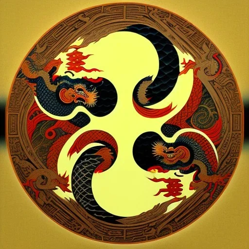 Ukiyo-e styled art, yin and yang sign,dragons