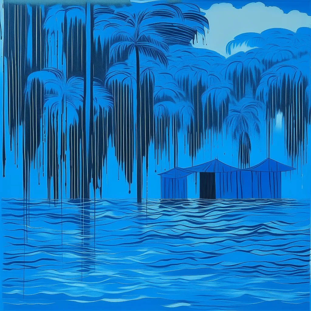 A blue watery coast in a rainstorm designed in Hawaiian tikis painted by Andy Warhol