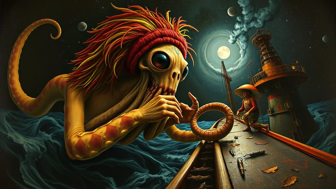 master oil painting by Rembrandt, roller coaster hypno psycho alien squid with rasta wig breast feeding with some bad ass power off shore oil platform cyber punk people experiencing gravity at its worst, pin hole cam, twisted perspective, goa trance music poster, awake within a psychedelic mushroom dream