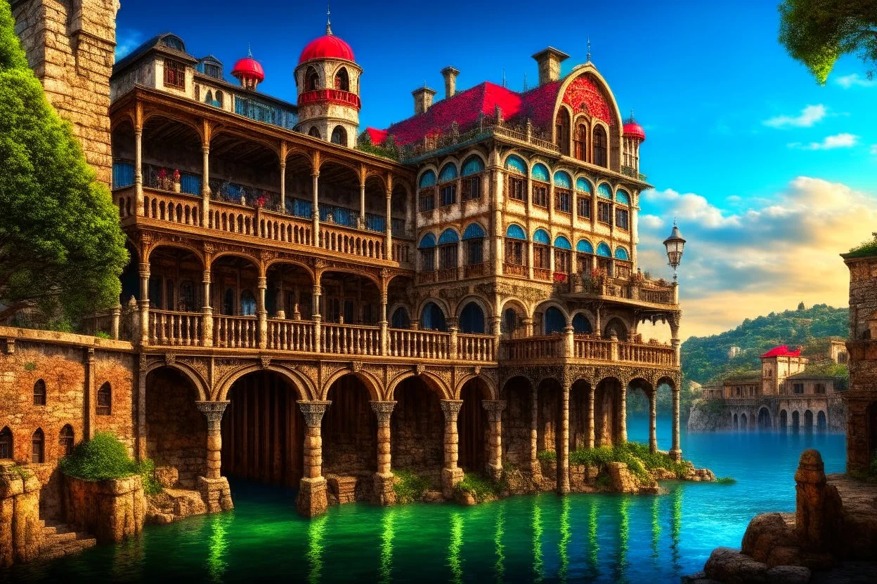 medieval buildings with balconies overhanging lake edge with blue sky and people, photorealism detailed matte painting, deep colour, fantastical, intricate detail, splash screen, concept art