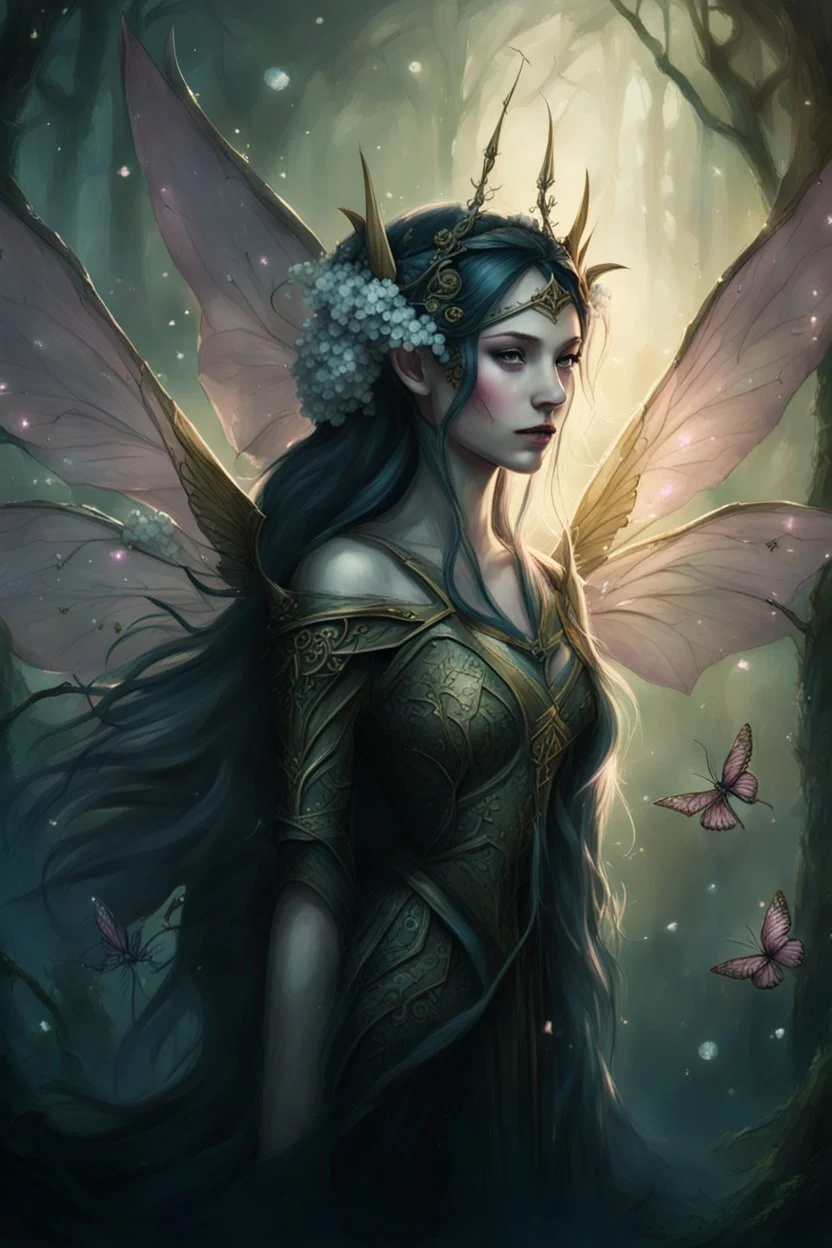 Pink,Hydrangea,orchids,lilies of the valley,night,pink hair,rapunzel hair,elven crown,dragonflies,pointed ears,elven ears,dark fairy princess,sparkle,,dark gold armour,fairy wings,pink