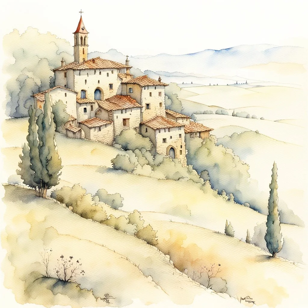 Tuscany landscape, by Jean-Baptiste Monge, watercolor and ink, intricate details, fantasy, beautiful, award winning, colorful, fantastic view, crisp quality, in sunshine