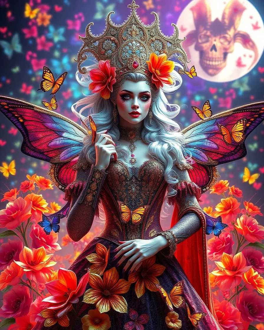 Masterpiece art amazing art picture in Luxurious 3d colorful fractals sharp colors,vibrant colors,neons colors standing pose sweet pose a adorned carnival vampire queen gothic hair silver, golden shiny adorned,in fractals 3d outside ,fractals colorfull,Fully of flowers,butterflies,leaves in 3d outside fractals neons vibrant colorful backgrounds