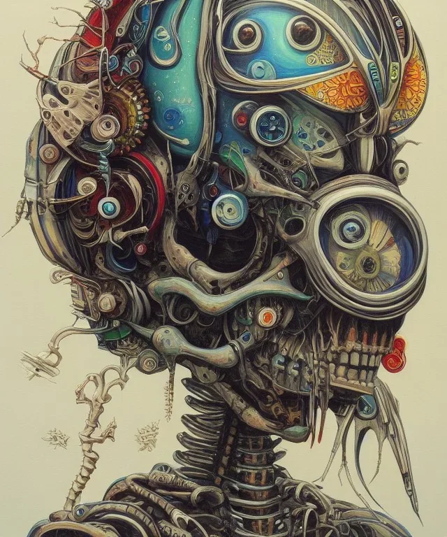 a beautiful painting of robot by aaron horkey, trending on artstation, skeleton, colorful, small minutiae, tiny features, particulars