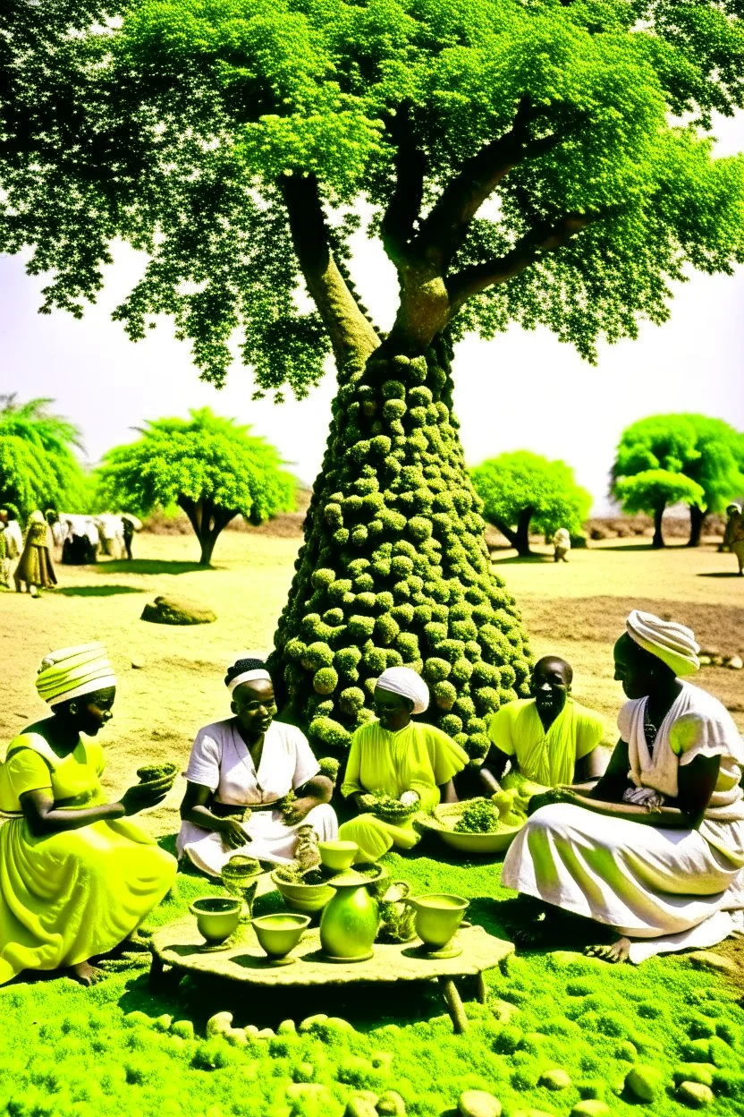 Sudan, destroyed city, women serving tea under tree