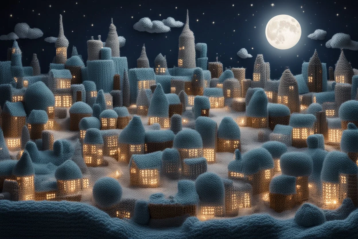 knitted city at night in moonlight