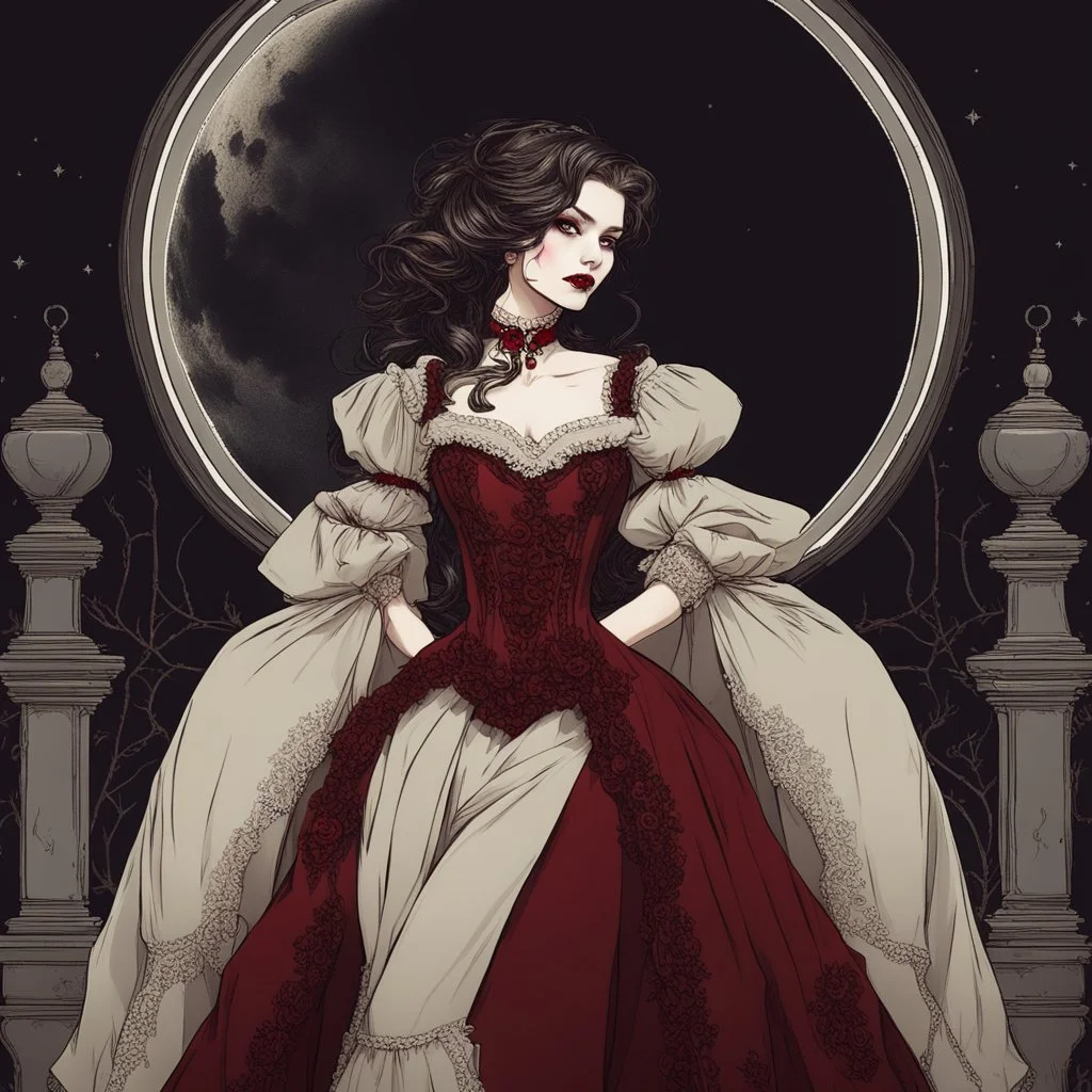 A mysterious and alluring vampire with pale skin, blood-red lips, sharp fangs, dressed in elegant Victorian attire, standing in front of a full moon backdrop.