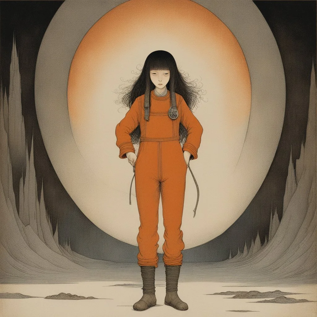 [art by john bauer] Nikaido kicks and does magic in orange overalls, she stand up and she is dangerous. She is in Hell