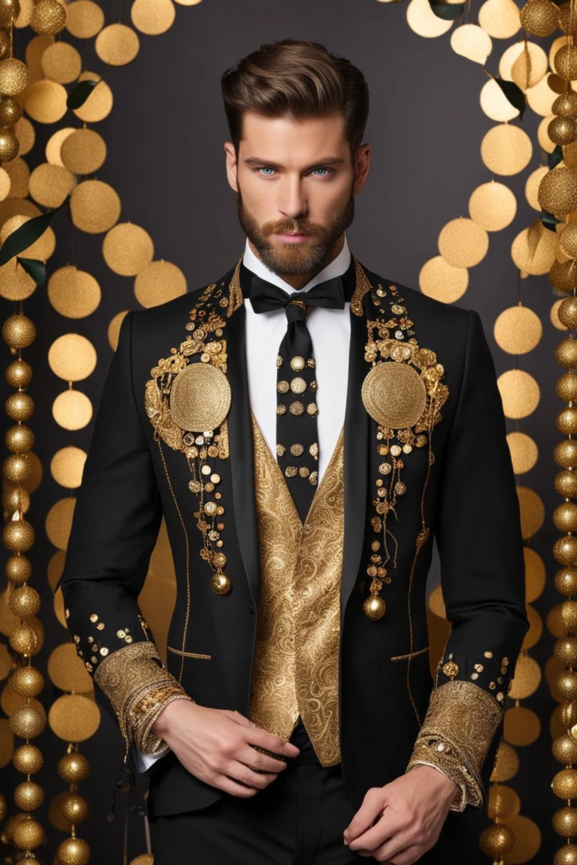 Facing front man modeling cat walk fashion show in suit adorned with a golden ornaments Klimt-inspired masterpiece.