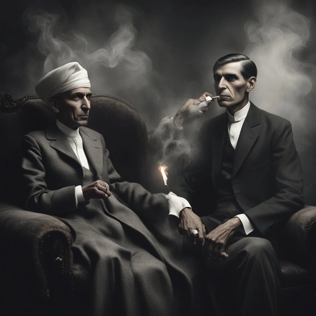 Hyper Realistic Quaid E Azam Smoking Cigar & Fatima Jinnah Sitting on a Velvet Sofa in a foggy Dark Room