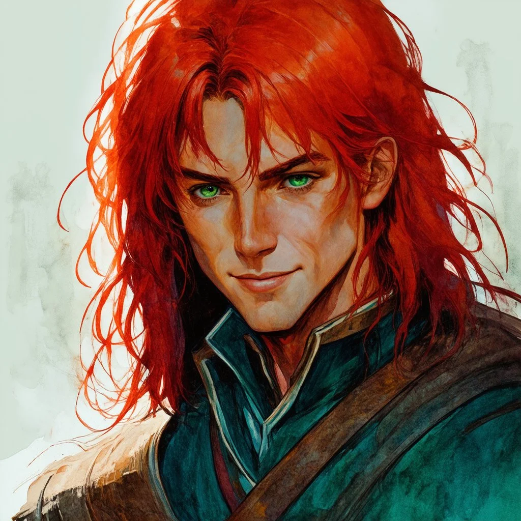 dnd, fantasy, watercolour, stylistic, portrait, illustration, dull colours, male, face, narrow face, green eyes, determined, happy, red hair, very long hair streaming down the shoulders, radiating light, five o'clock shadow