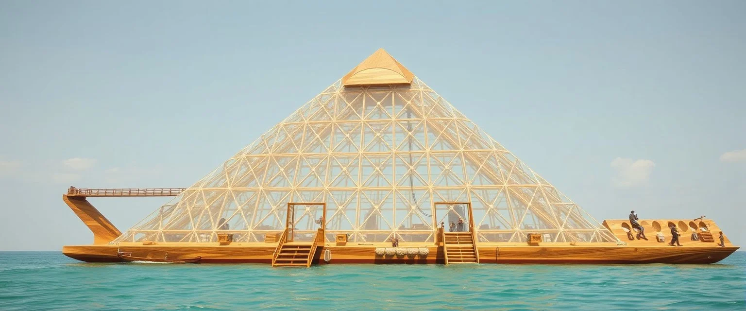 benign transparent superwood alien mega scifi pyramid katamaran ark boat with superwood draw bridge and wing doors