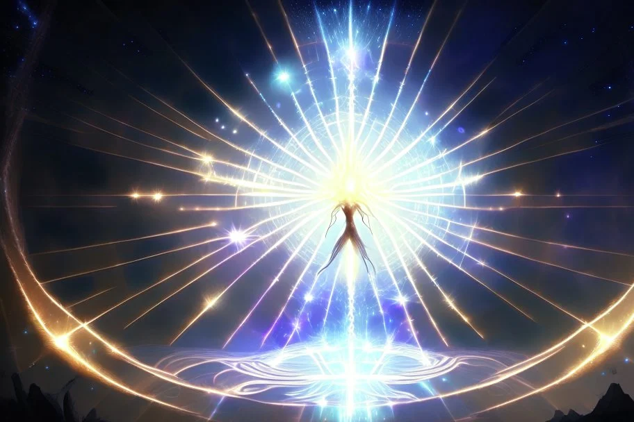 spaceship scene with a celestial being, a being of pure energy, radiating light and taking a humanoid form with shifting constellations.