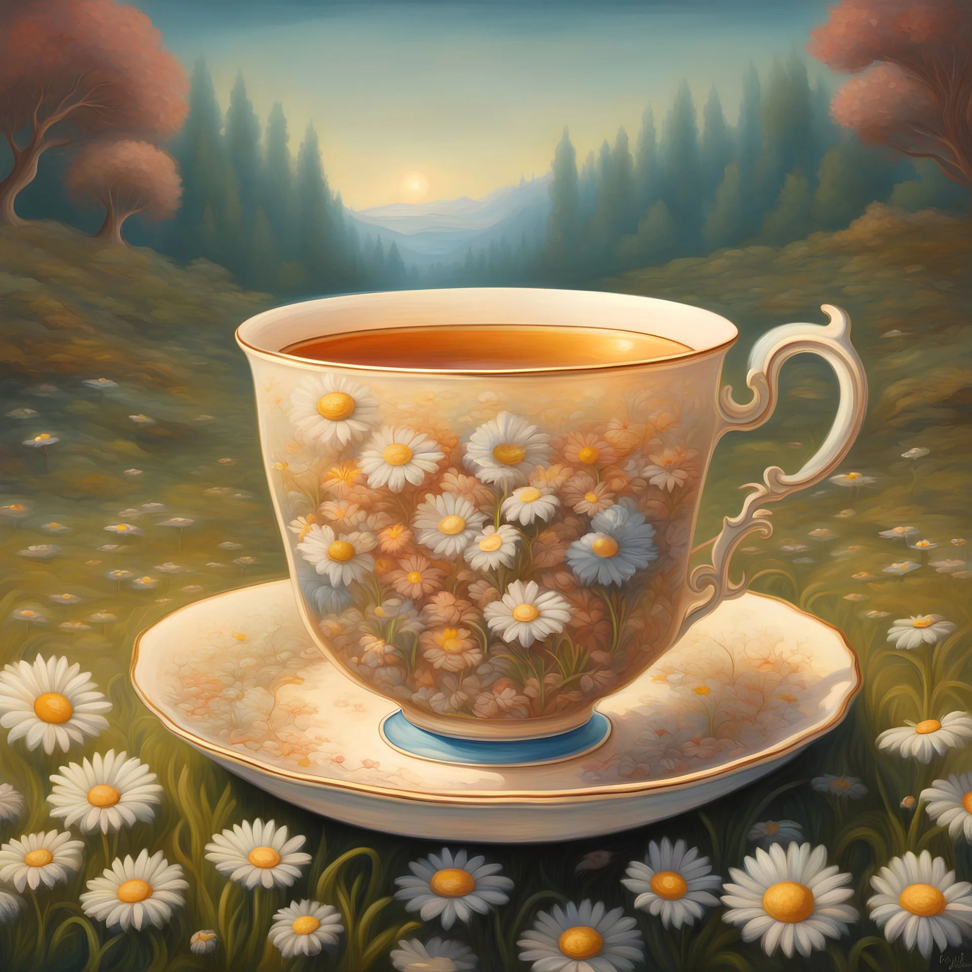 A painting of a beautiful teacup filled with daisies, painted in the style of James Jean and Mark Ryden and Alex Grey, surrealism, detailed background of a nature landscape, colorful, cinematic lighting, dramatic composition., vibrant, painting