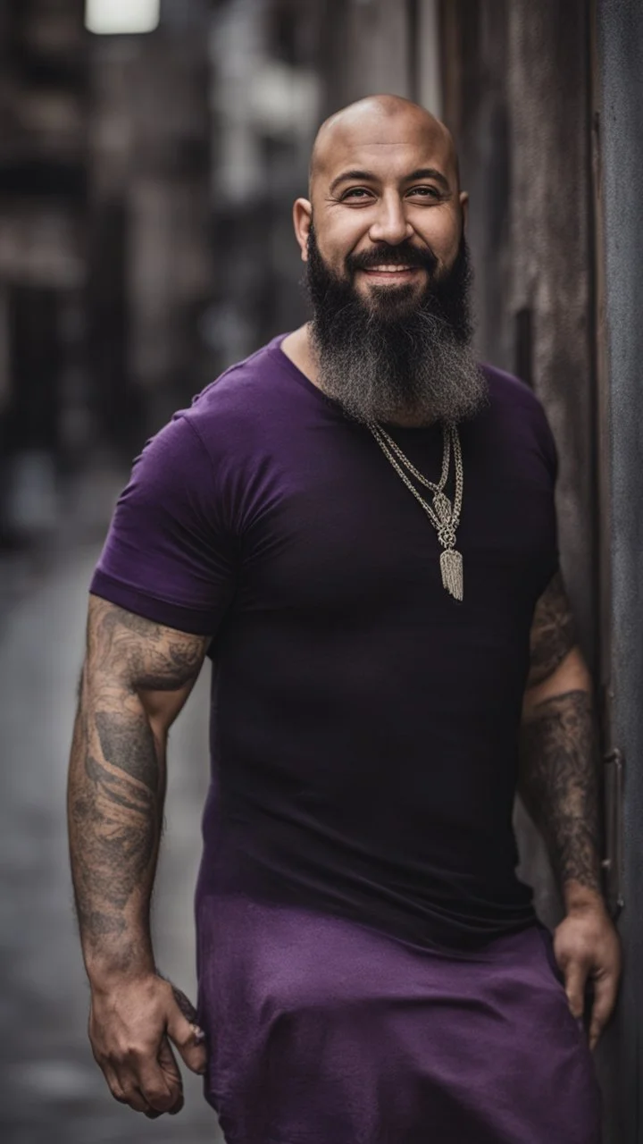 full figure photography of dirty smiling marocan burly muscular chubby strong man 38 years old with long raided beard, shaved hair, tattoo, photorealistic ,dressed with a purple torn and broken t-shirt, side light, outdoor in a dirty street