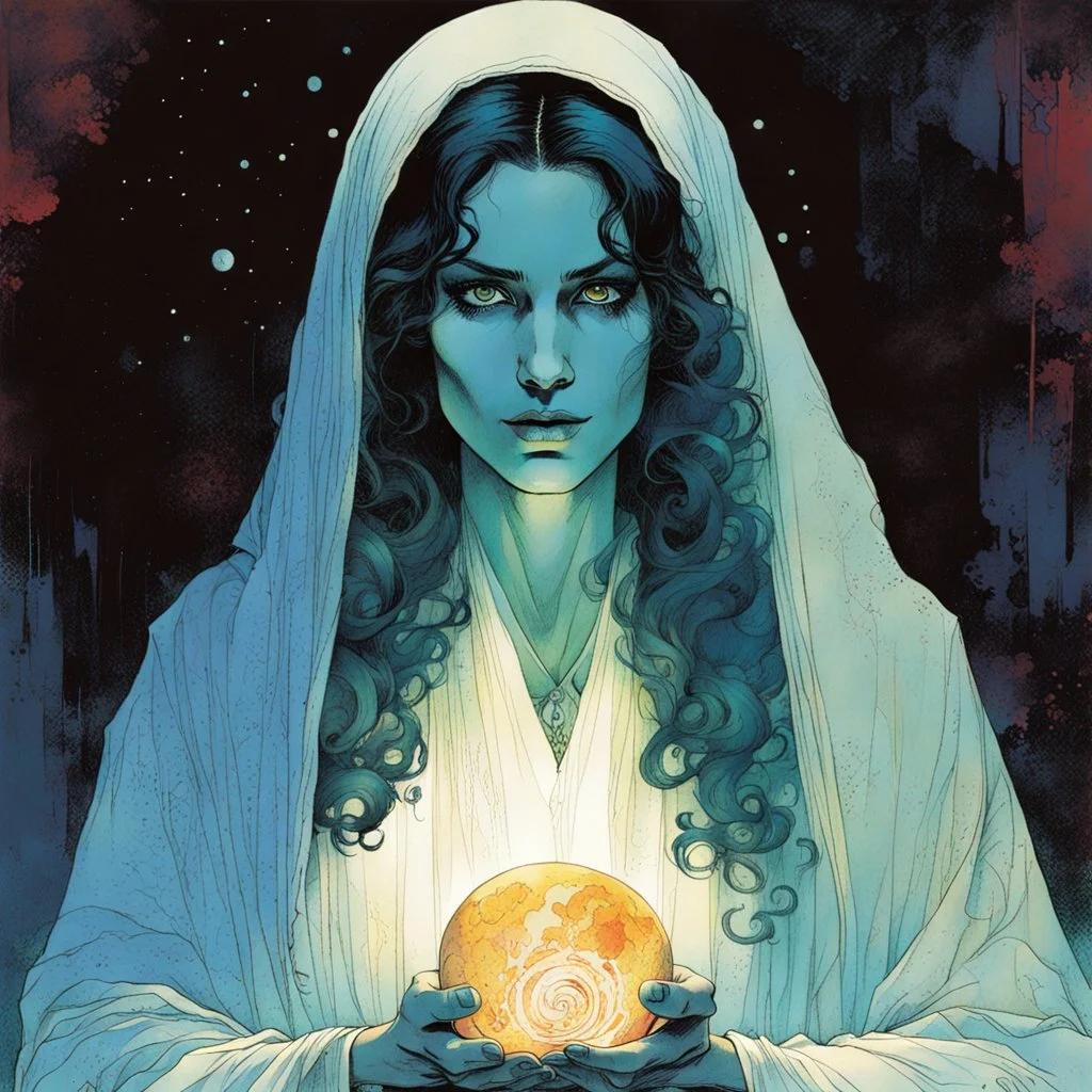 create an imaginative drawing of the pale translucent ghost of an ancient Romanian female gypsy fortuneteller, clothed in ragged traditional dress, with finely detailed hair and feminine facial features, in the comic book art style of Bill Sienkiewicz, Mike Mignola, and Jean Giraud Moebius, finely textured, drawn, colored, and inked, suffused with dark foreboding shadows