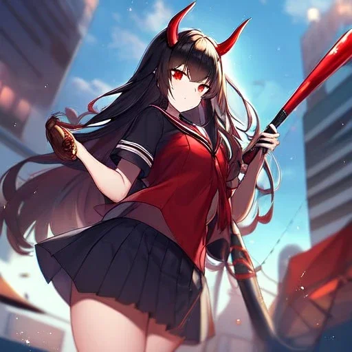 Clear focus,High resolution, Black long hair, Red eyes, Red horns, Wearing a black and red sailor uniform, Swinging a baseball bat