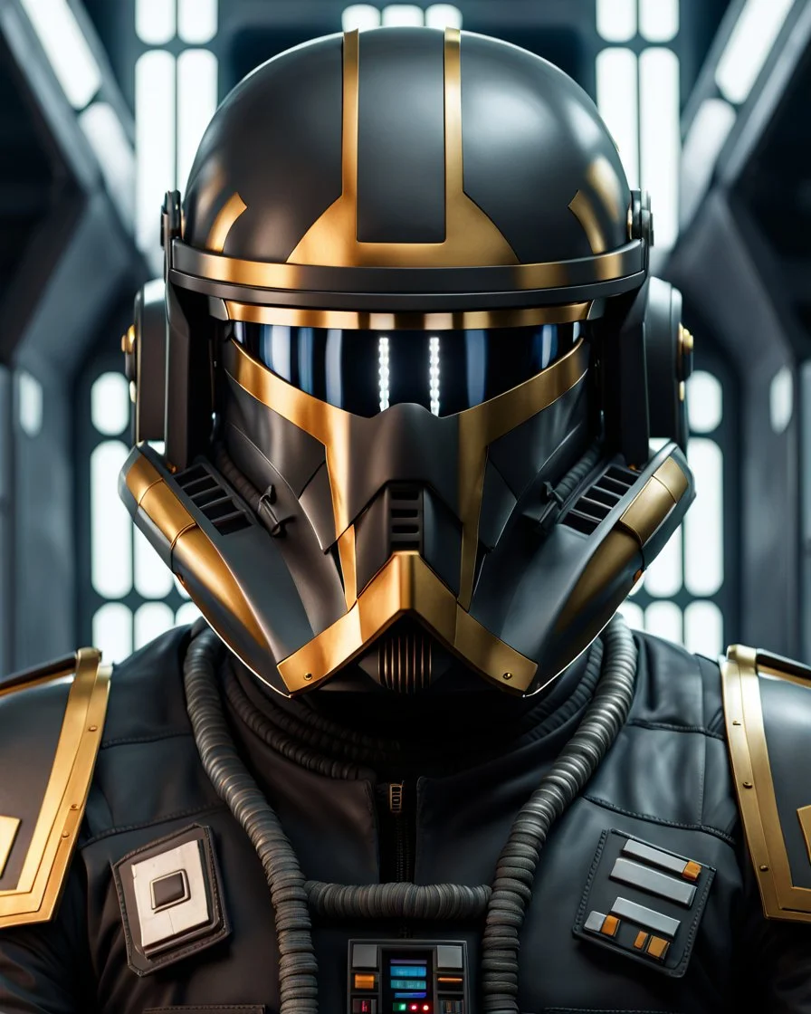 star wars bald male corellian pilot wearing dark gunmetal grey and black First Order special forces TIE pilot armored flightsuit and helmet with gold trim inside the jedi temple, centered head and shoulders portrait, hyperdetailed, dynamic lighting, hyperdetailed background, 8k resolution, volumetric lighting, light skin, fully symmetric details