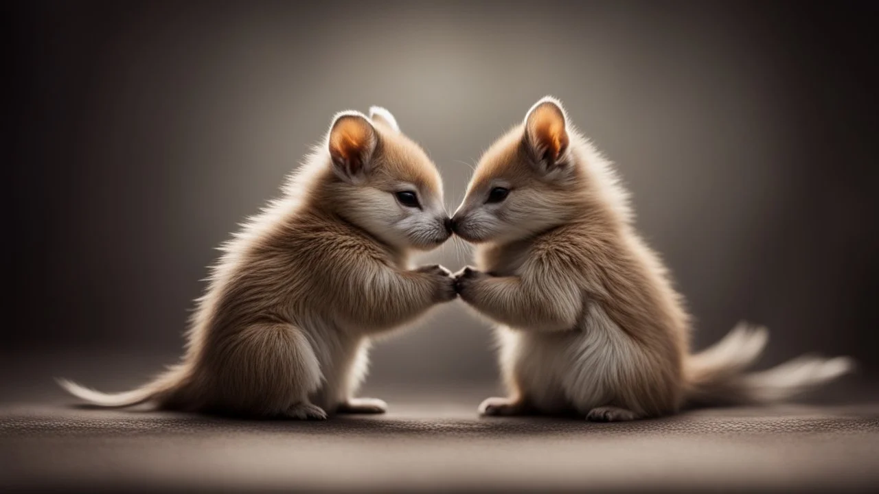 romantic photograph of two small furless animals in a loving relationship, halo lighting, chiaroscuro, beautiful photo