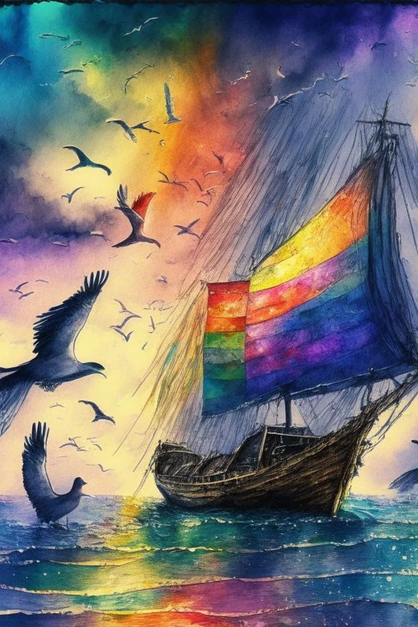 Rainbow in the darkening sky sunset sailing boats with snow-white sails seagulls on the shimmering water Jean-Baptiste Monge style surreal a masterpiece razor-sharp focus dynamic lighting watercolor and ink concept art extremely detailed psychedelic 8k beautiful high detail high definition colourful matte background Michelangelo Van Gogh colorful dramatic lighting fine art reflections whimsical National Geographic photography Alexander Archipenko Romantic Impressionism Fantasy illustration